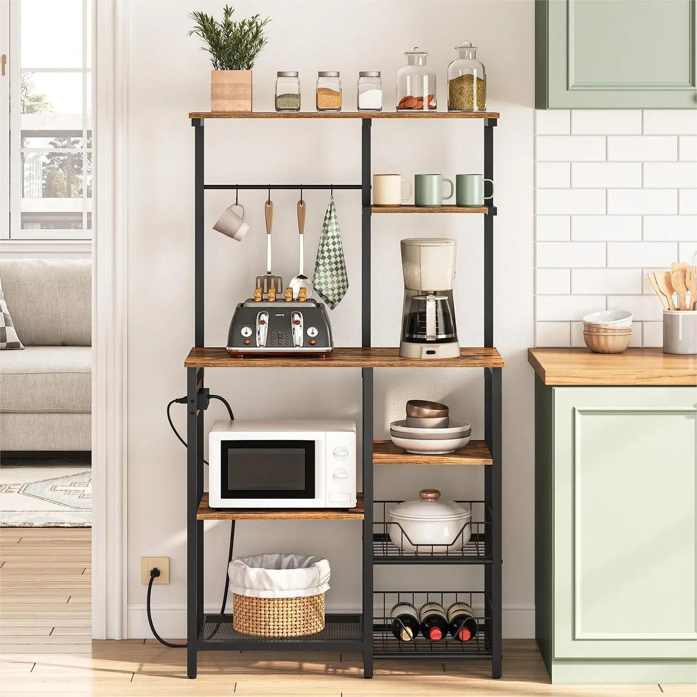 HOOBRO Large Bakers Rack with Power Outlets 6-Tier Microwave Stand with 4 Hooks Coffee Bar Rustic Brown and Black