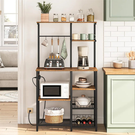 HOOBRO Large Bakers Rack with Power Outlets 6-Tier Microwave Stand with 4 Hooks Coffee Bar Rustic Brown and Black