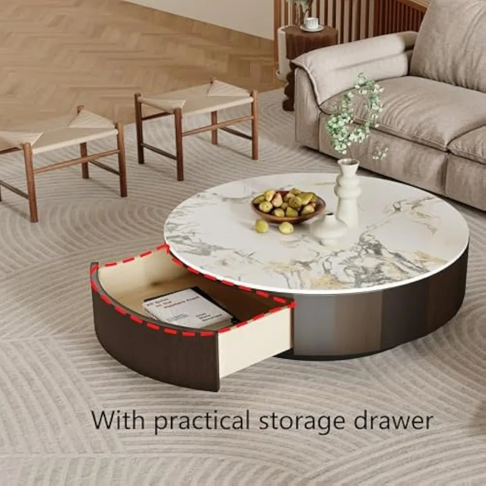 35.43" Modern Coffee Table for Living Room, Round Coffee Table with Storage Drawer, Sintered Stone Top with Metal Base