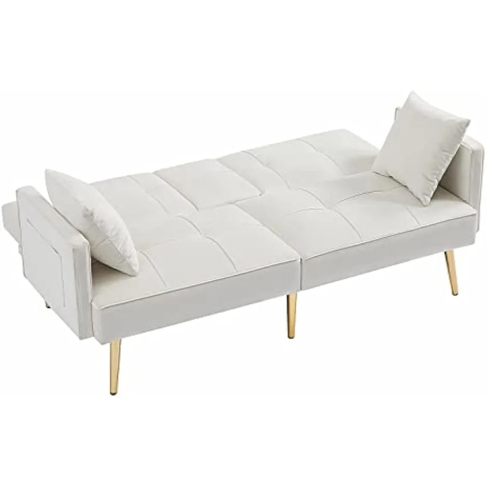 Futon Sofa Bed Modern Linen Fabric Couch Bed Loveseat Convertible Daybed with 2 Cup Holders and Removable Armrests