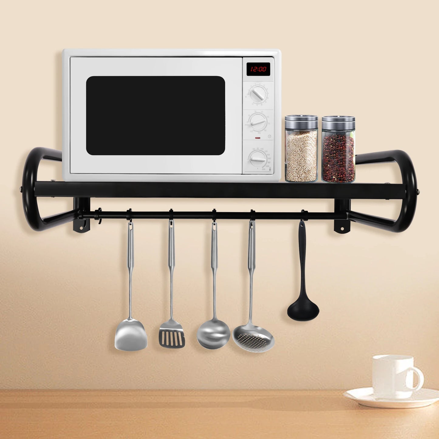 Wall-Mounted Microwave Oven Rack, Durable Carbon Steel, Large Size Shelf for Kitchen Organization, Easy Installation with