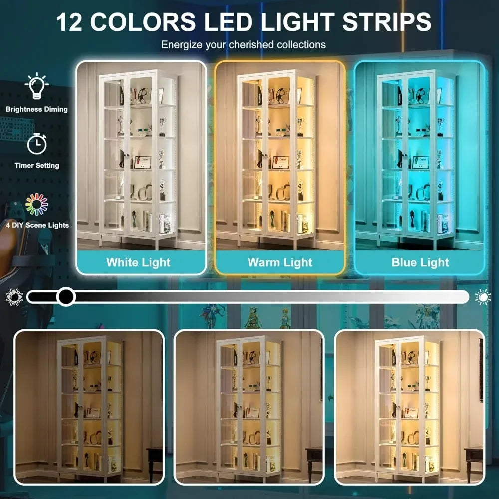 Curio Cabinets with Glass Doors, 67" 5 Tier Glass Display Cabinet with 12 Color RGB Lights & 4 Adjustable Shelves