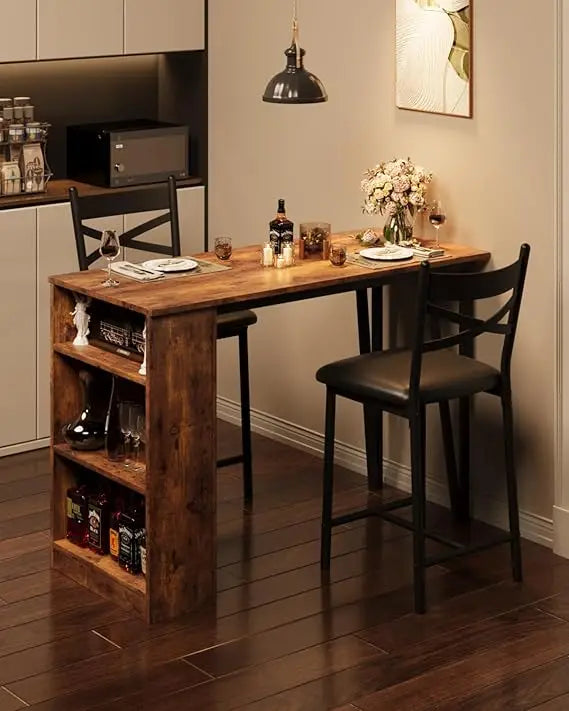 3 Piece Bar Table Set for 2, Bar Table and Chairs Set with with Flip Top Extension, Dining Table Set with Storage Shelves, Suit