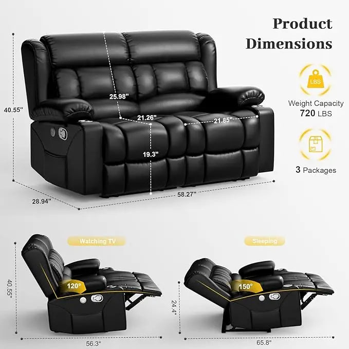 Loveseat Recliner Sofa, 2 Seater Reclining Loveseat sofa, PU Leather RV Loveseat Couch, FSC Certified Recliner Chair for Living