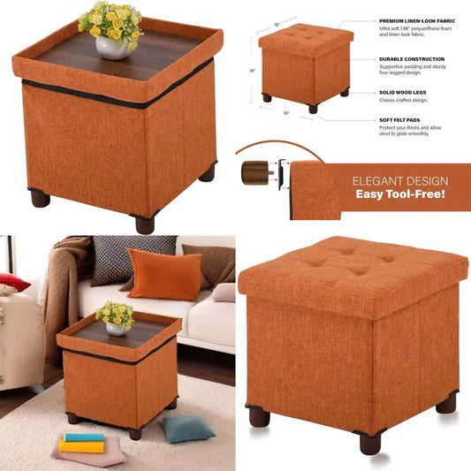 15 Inch Fabric Storage Ottoman with Wooden Legs - Foldable Cube Footrest Stool, Square Comfort Seat with Lid