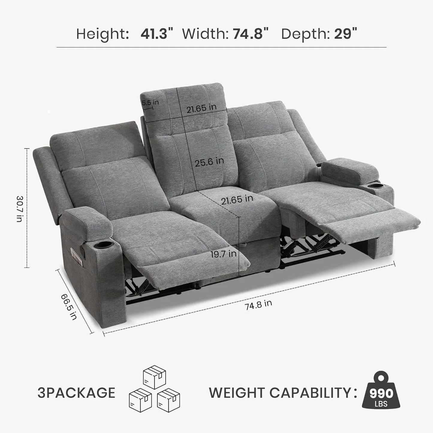 Manual Reclining Sofa with Storage Drawer, 3 Seat Wall Hugger Recliner Couch with Cup Holders, Side Pockets