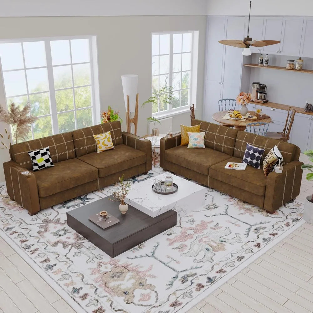 80 Inch Brown Faux Leather Sofa Couch (2 Sets) - Wide Armrests with 2 Built-in Cup Holders, Deep Seats, Contrast Stitching