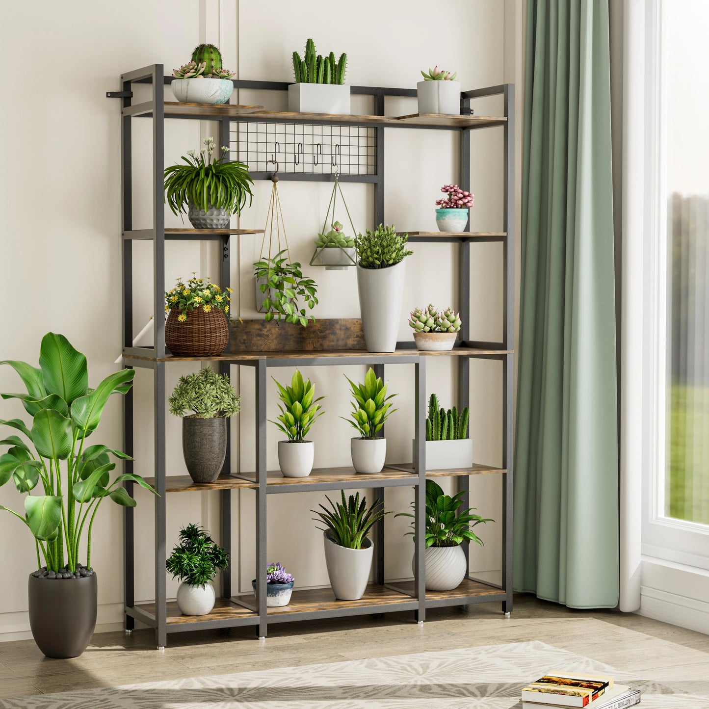 Large Bakers Rack, 48" Wide Kitchen Hutch Cabinet Microwave Stand with 6 Hooks, 5-Tier Baker’s Rack Kitchen Storage Shelf