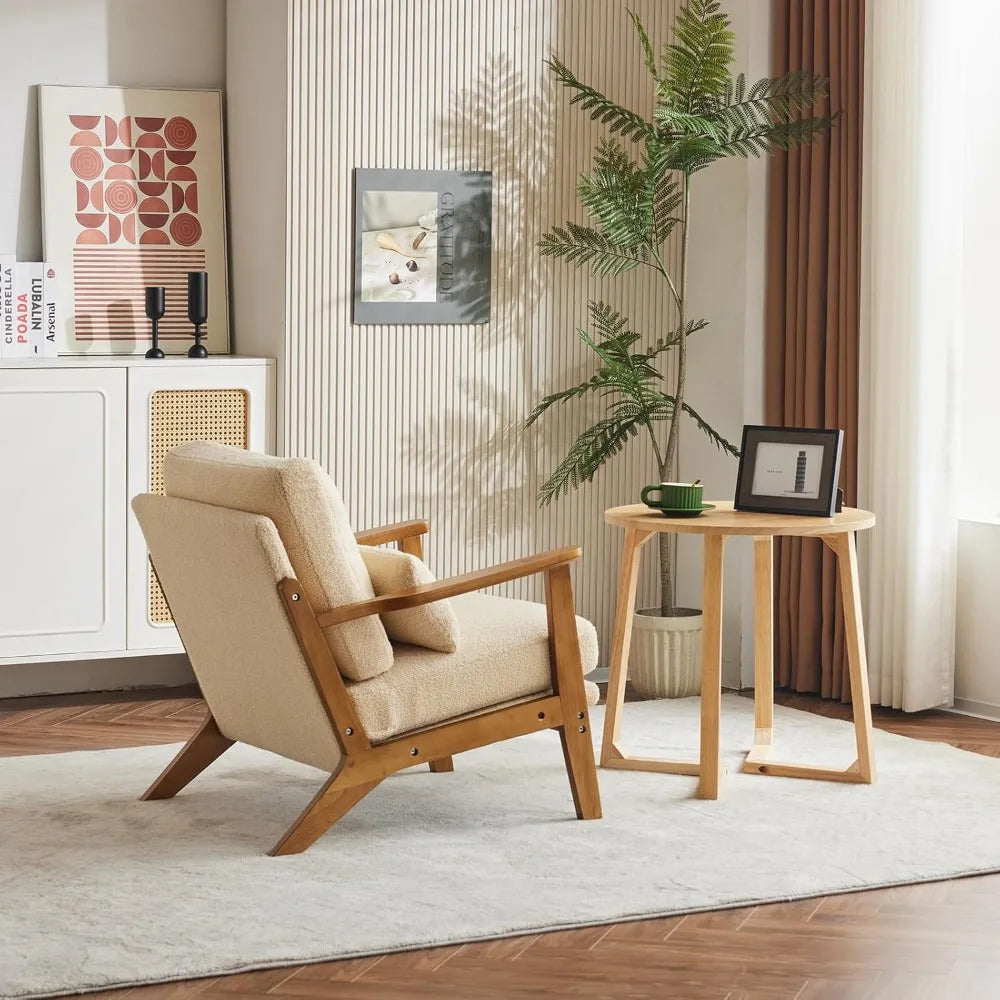 Accent Chair Wide Armrest Mid-Century Lounge Chair Teddy Fleece Armchair with Lumbar Pillow & Solid Wood Frame for Liv