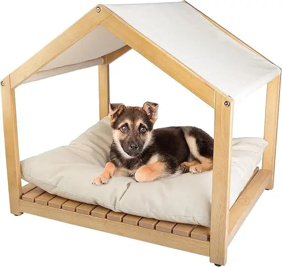 Dog House - 30x24-Inch Indoor Dog House with Soft Cushion and Adjustable Canopy - Wood Dog Furniture for Small to Medium Pets up