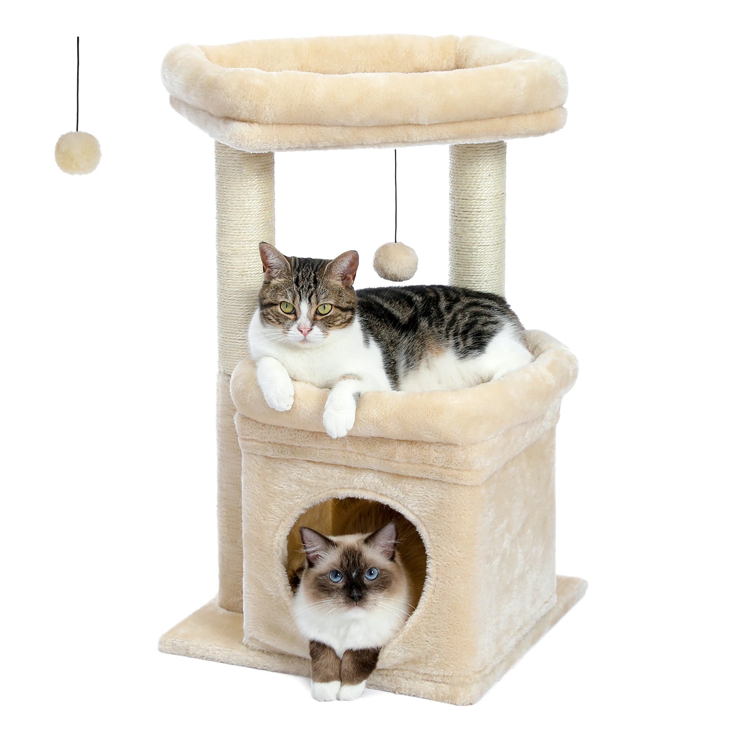Cat Tree Cat Tower with Cozy Condo, Wide Top Perch,Natural Sisal Posts, Soft Plush,Playful Pom-Pom Suitable for 1-2 Indoor Cats