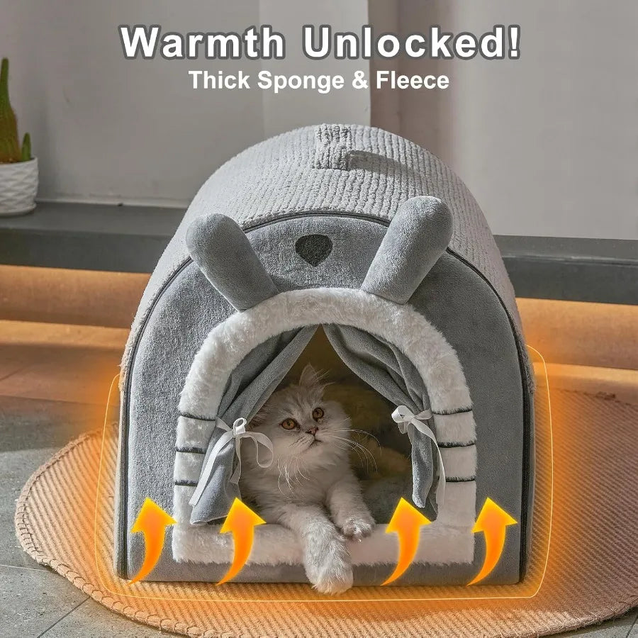 Cat Houses for Indoor Cats Cave Bed with Door Curtain Design Cute Portable Beds with Reversible Washable Cushion S Size Soft Ki