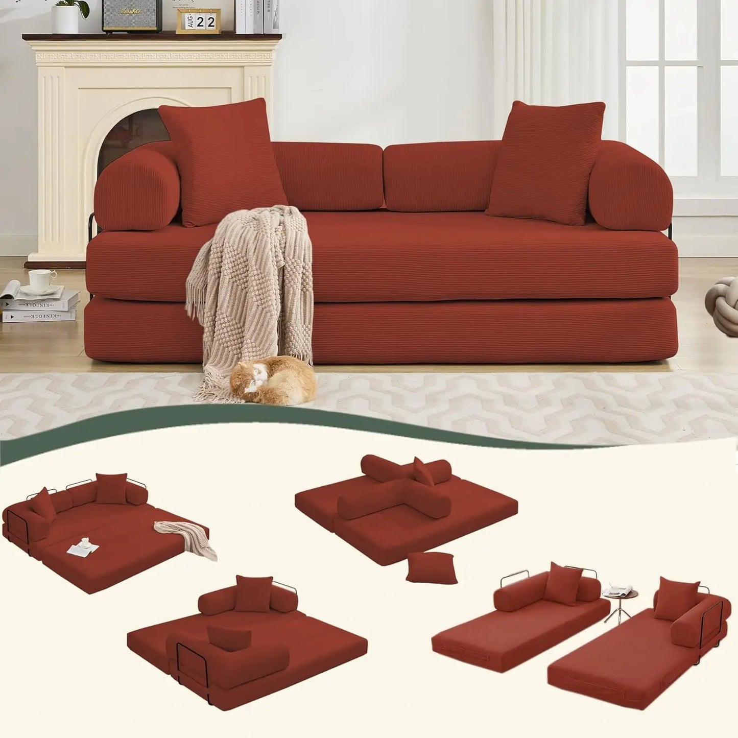 Sleeper Sofa Bed,4-in-1 Convertible Folding Boneless Couch,Foldable Love Seat with Blanket Pillow Corduroy Floor Futon Couch