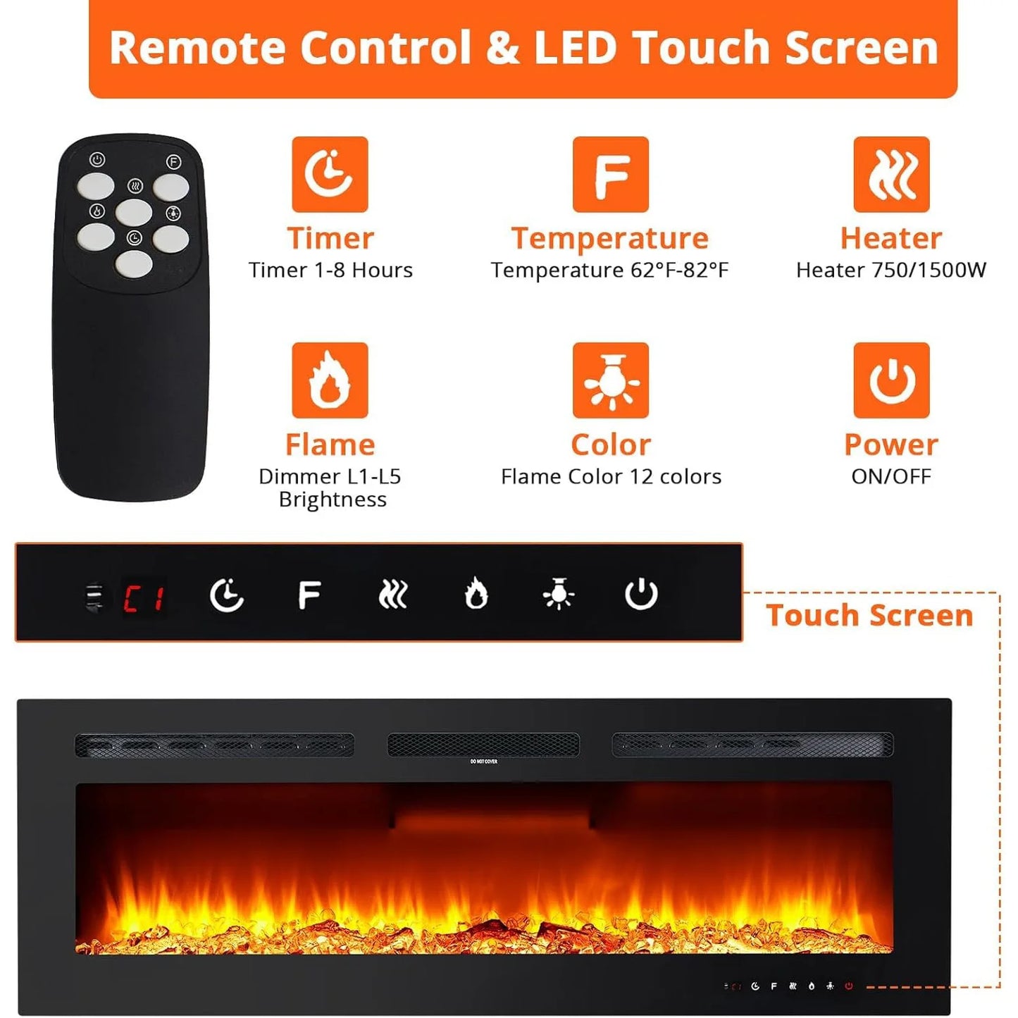 30/40/50/60/72 Inch Electric Fireplace Wall Mounted & Recessed With Remote Control Timer Adjustable Flame Color Brightness