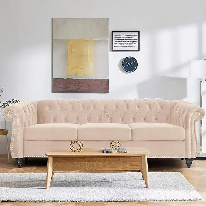 Home Sofa Living Room Furniture, 3 Seater Leather Upholstered Sofa Couch, Modern Comfy Couch with Faux Leather Cushions