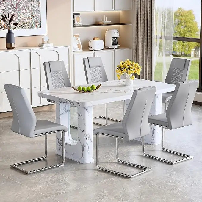 64.5" Dining Room Table Set for 6, Modern Farmhouse Wood Dining Table Set with Decorative Pedestal Legs & 6 Cushioned Chairs