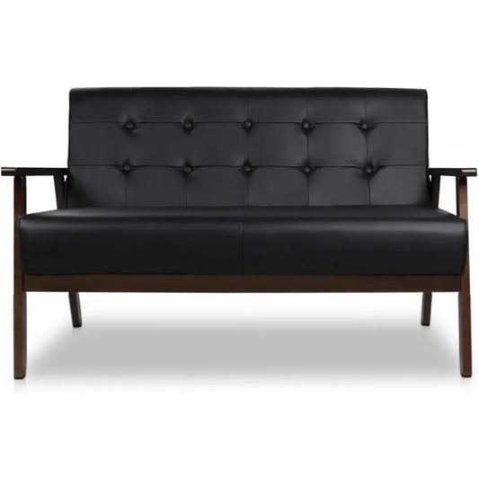 Mid-Century Modern Solid Loveseat Sofa Upholstered Faux Leather Couch 2-Seat Wood Armchair Living Room/Outdoor Lounge