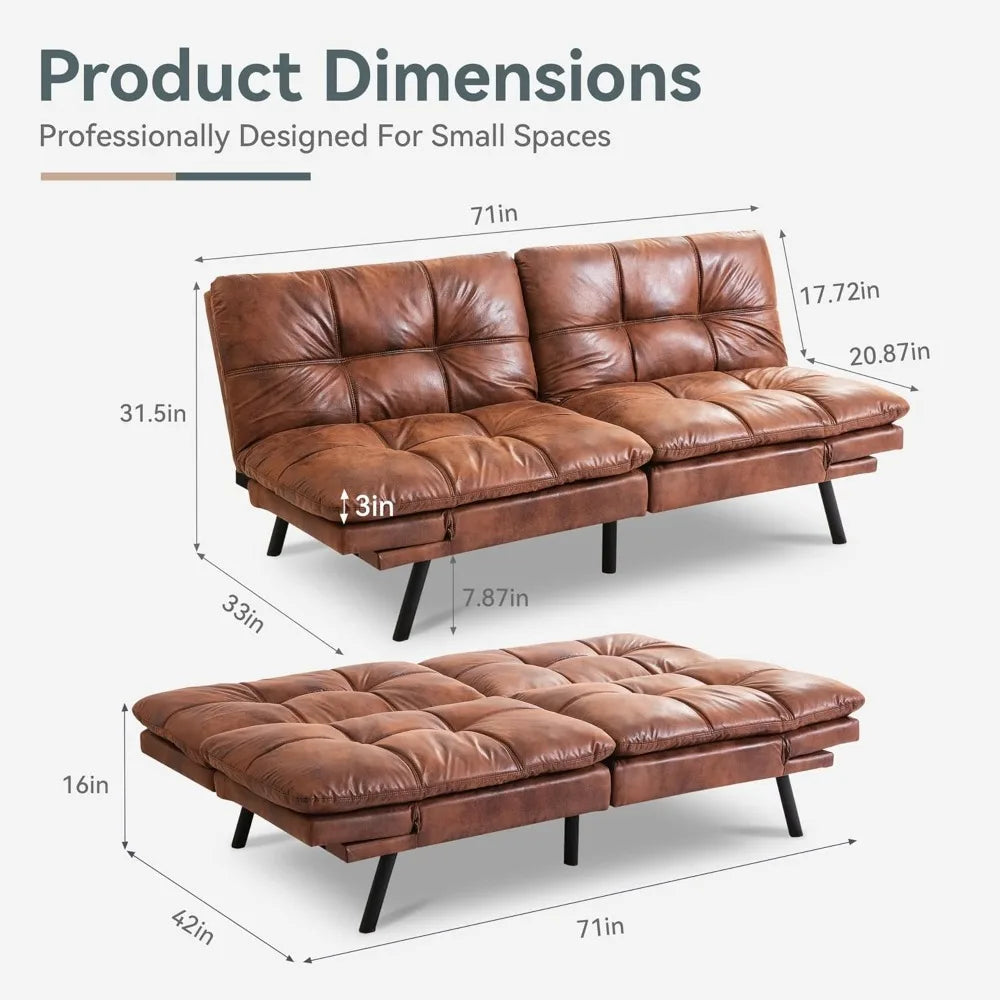 Futon Sofa Bed Convertible Couch, Brown Faux Leather Sofa Bed with Memory Foam, Adjustable Backrest & Armrests, Multifunctional