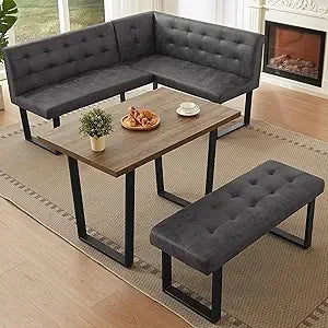 3 Piece Dining Table Set with Bench, 42.9 Inch Modern Kitchen Table with Left Seat Corner and 43.3 Inch Bench for Family Dining