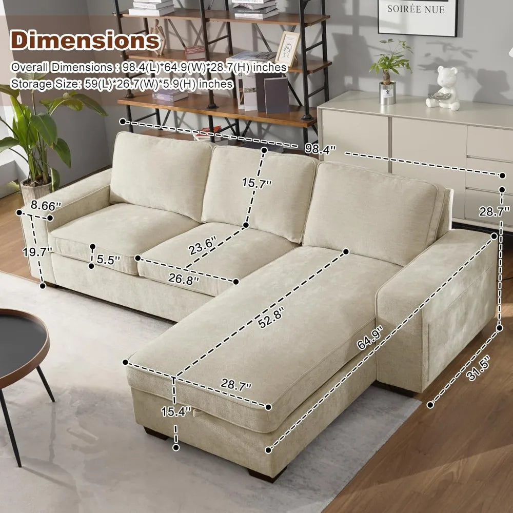 Luxury-Style 99” L-Shape Convertible Sectional Couches Sofas with 190L Storage Chaise,Chenilee Sofas with Removable Cushion