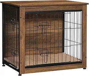 DWANTON Dog Crate Furniture with Cushion, Wooden Kennel Table with Double Doors, Indoor Dog House, Small/Medium/Large/Extra Larg