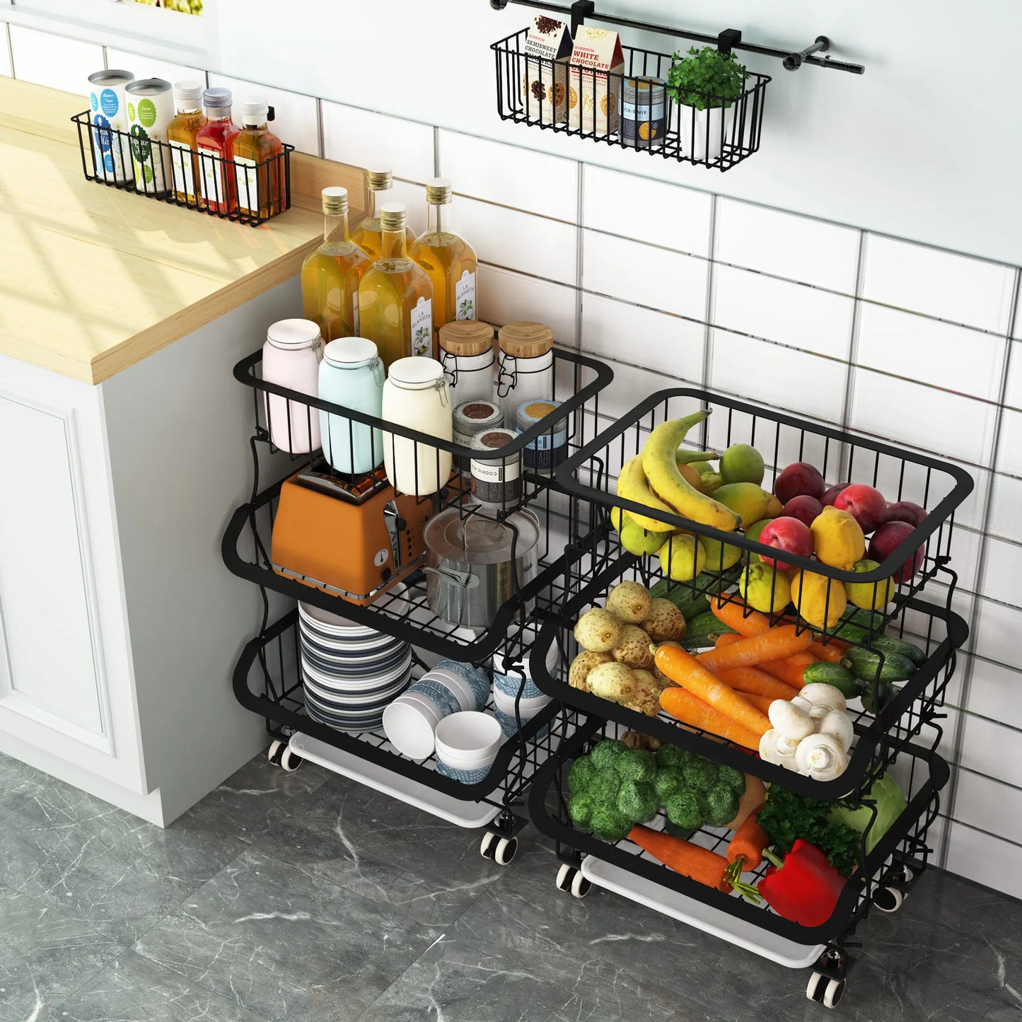 Fruit Basket, 3 Tier Stackable Metal Wire Basket Cart with Rolling Wheels, Utility Rack for Kitchen, Pantry, With 2 Free Baskets