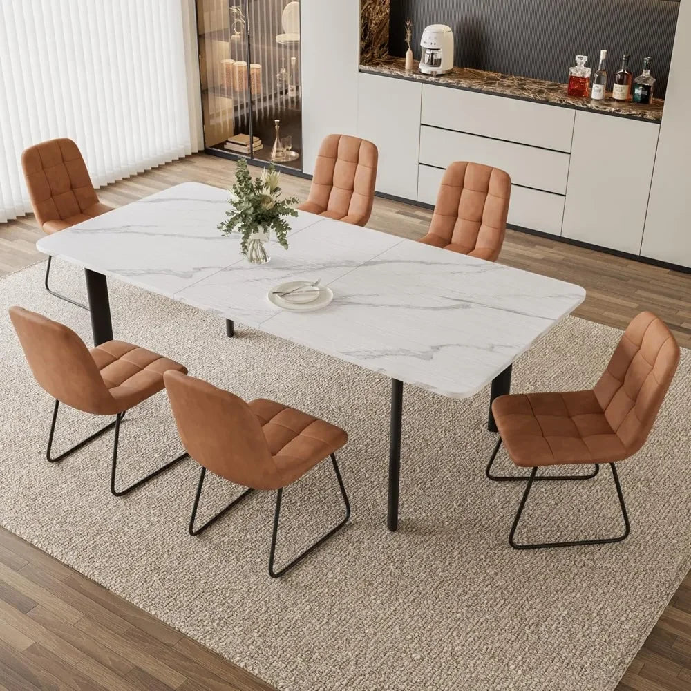 Extendable Dining Table Set for 6-8 People, 63 to 78.7 Inch MDF Kitchen Table with 6 Upholstered Chairs, Space-Saving for Dining