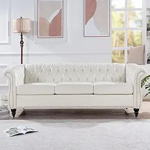 Chesterfield Sofas, 85" PU Couch,Tufted 3 Seats Living Furniture with Rolled Arm Stud Trim and Solid Wood Legs, Mid-Century Sofa