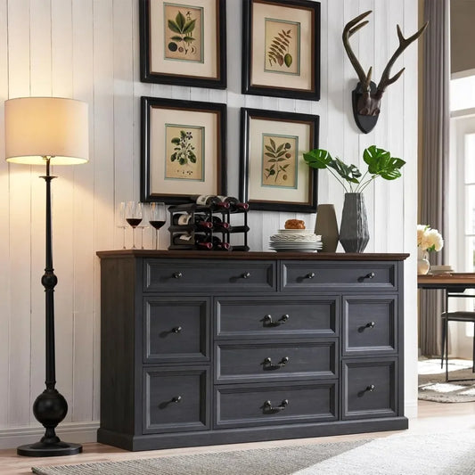 Farmhouse Buffet Cabinet, 60" Storage Cabinet w/9 Drawers, Large Wood Rustic Sideboard Cabinet w/Three Drawer Sizes
