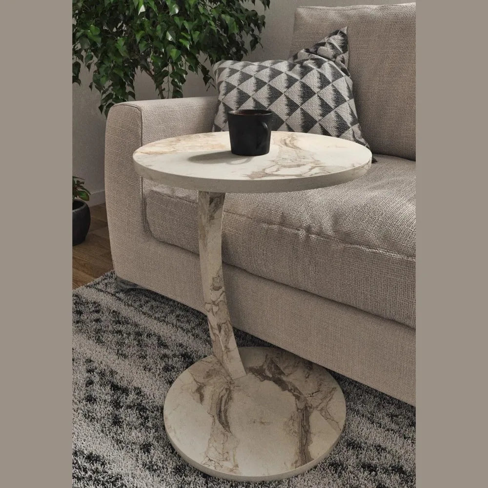 C Shaped End Table for Couch Small Places, Faux Marble White Space Saver Round Side Table for Sofa and Bedside with Wheels, Coff