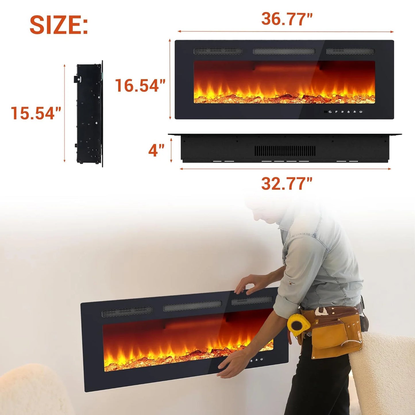 30/40/50/60/72 Inch Electric Fireplace Wall Mounted & Recessed With Remote Control Timer Adjustable Flame Color Brightness