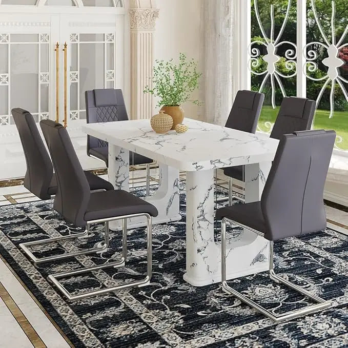 64.5" Dining Room Table Set for 6, Modern Farmhouse Wood Dining Table Set with Decorative Pedestal Legs & 6 Cushioned Chairs