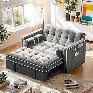 3 in 1 Convertible Sleeper Sofa Bed,Pull Out Couch for Living Room with USB Ports & Side Pockets,Adjustable Backrest,Velvet,Lov