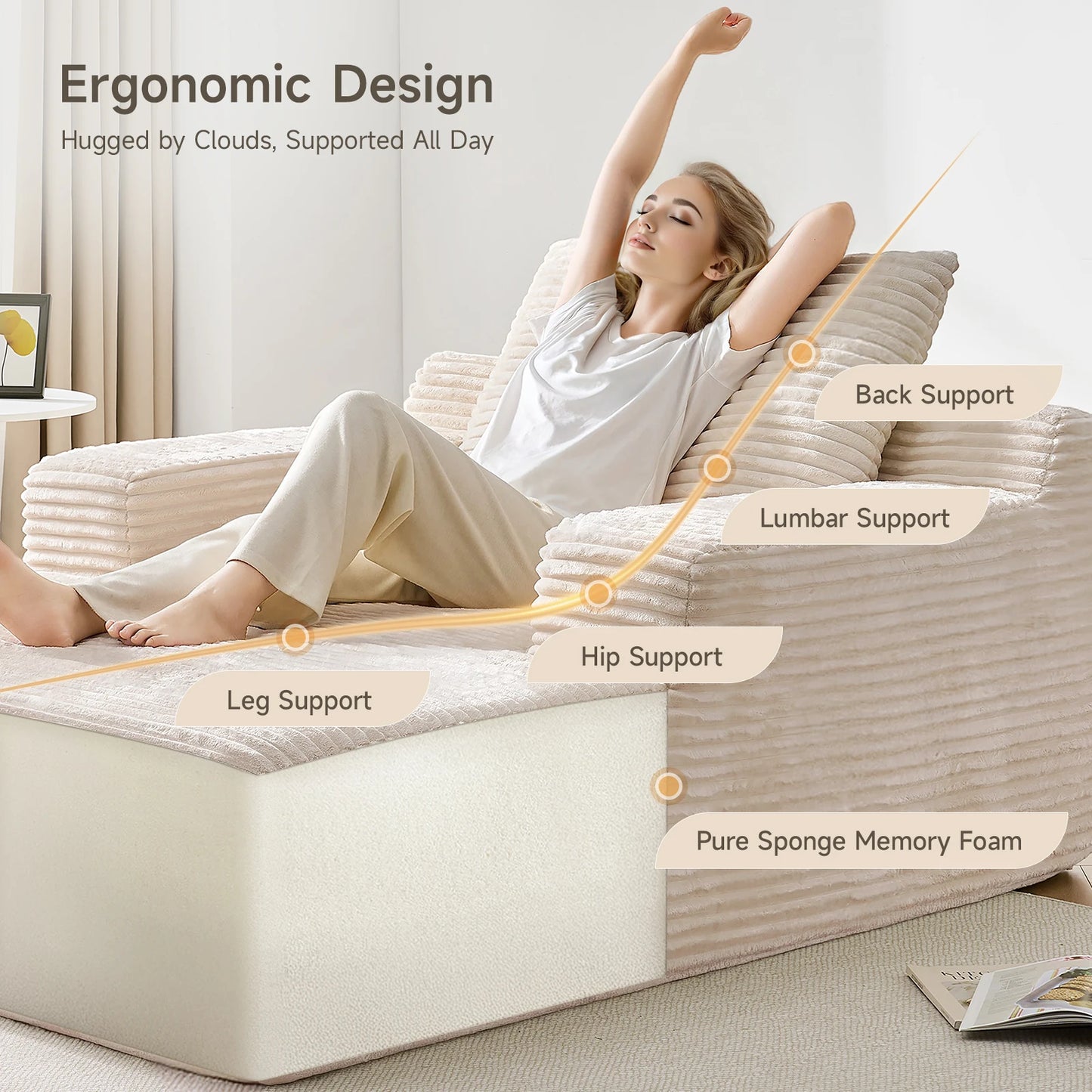 Chaise Lounge Chair, 65" Oversized Corduroy Sofa Bed, Cloud Sleeper Chairs With Wide Armrests, Couches for Living Room , Bedroom