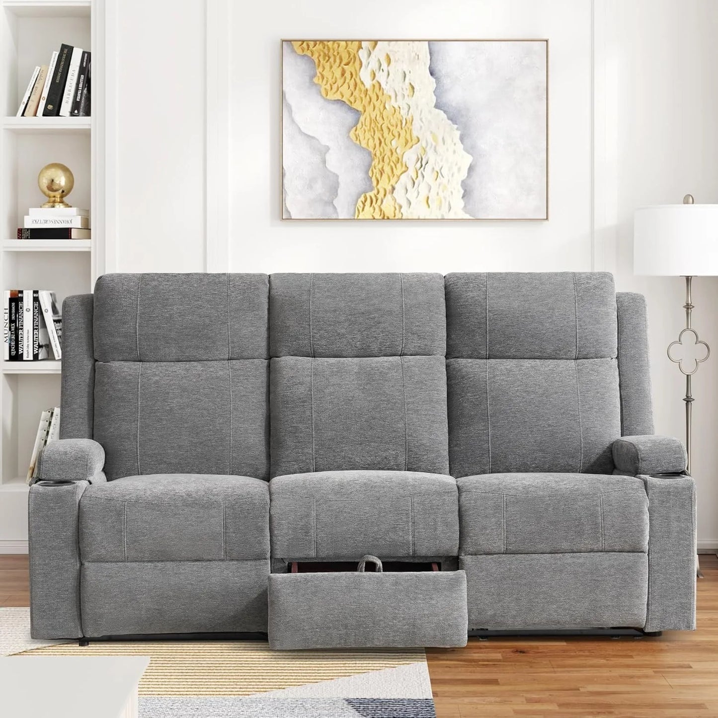 Manual Reclining Sofa with Storage Drawer, 3 Seat Wall Hugger Recliner Couch with Cup Holders, Side Pockets