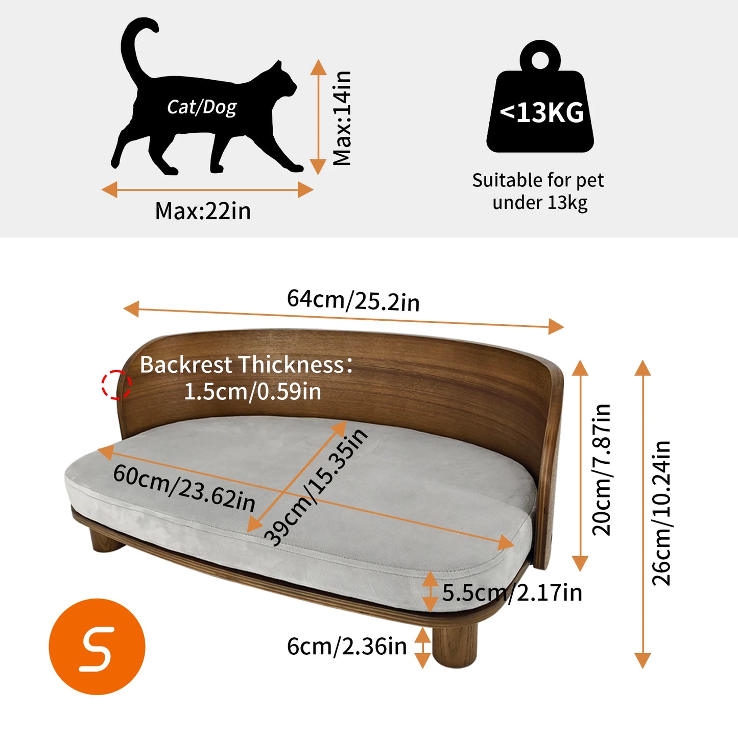 BingoPaw S/M Elevated Cat Bed Wooden Indoor Cat Couch Bed, Pet Sofa Chair Lounge for Kitty, Puppy or Small Animal