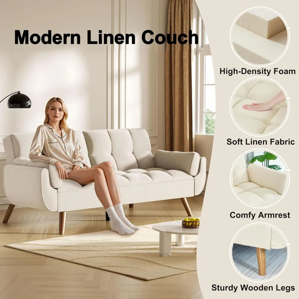 75.4" Futon Couch, Convertible Loveseat Sleeper Couch with Adjustable Backrest for Small Spaces