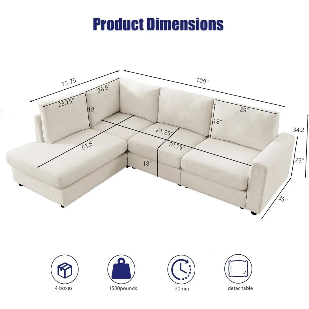 100" L-Shaped Convertible Sectional Couch with Chaise – Breathable Chenille Fabric for Living Room