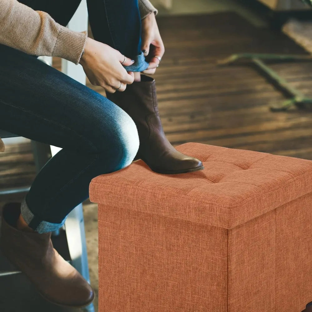 15 Inch Fabric Storage Ottoman with Wooden Legs - Foldable Cube Footrest Stool, Square Comfort Seat with Lid