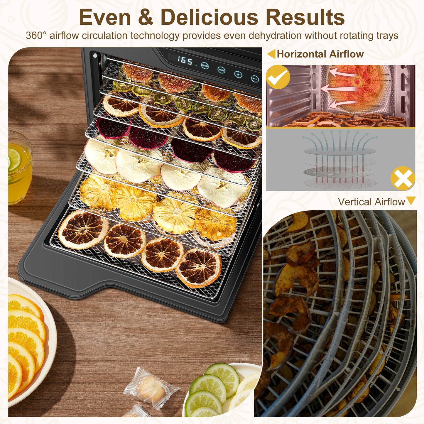 8-Tray Stainless Steel 625W, 165°F for Jerky/Fruit/Dog Treats, 50 Recipes, ≤48dB, Auto Shutoff, Dishwasher Safe Food Dehydrator