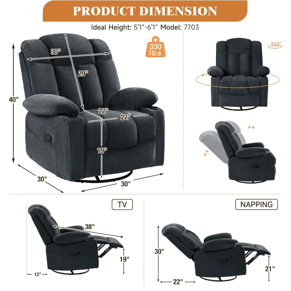 Swivel Rocker Recliner Chair for Adults, Manual Glider Reclining Sofa with Massage & Heat, 360° Swivel Rocking Chair
