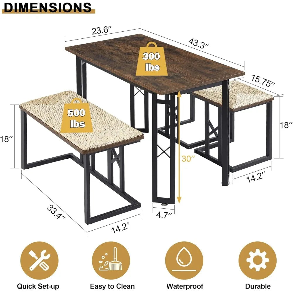 43.3" Dining Table Sets, Farmhouse Kitchen Table for 4 with 3 Seats & Wicker Seat Cushions,Metal Frame Space-Saving Adjustable
