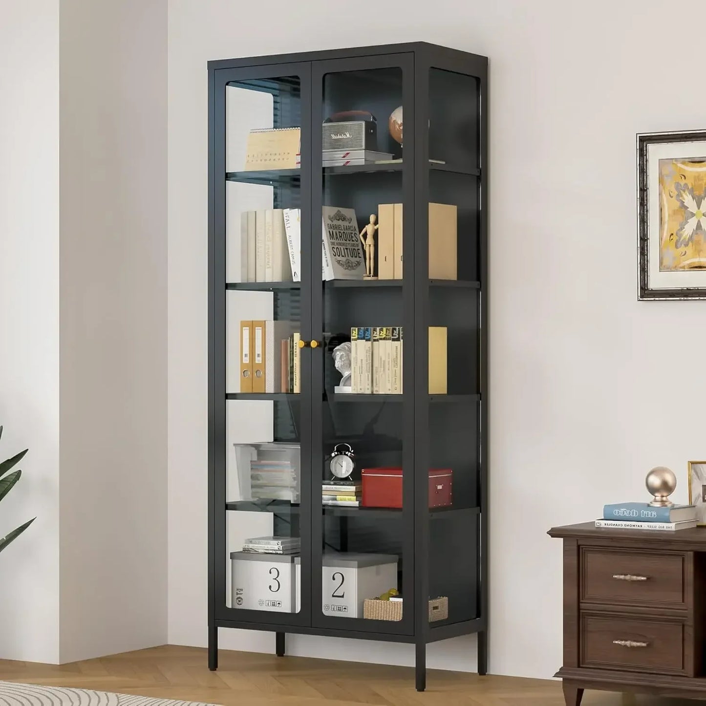 Curio Cabinets with Glass Doors, 67" 5 Tier Glass Display Cabinet with 12 Color RGB Lights & 4 Adjustable Shelves