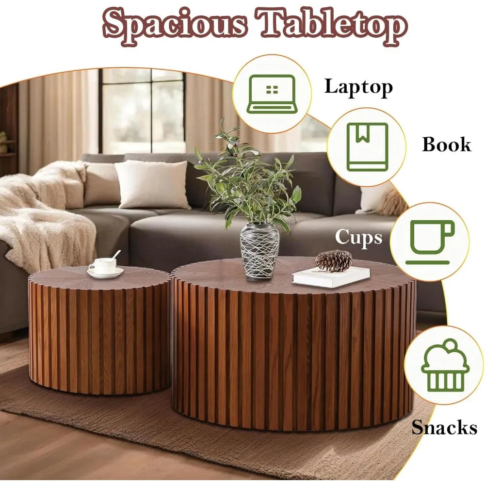 Handcraft Round Nesting Coffee Table - Chic Wave Stripe Edge, Modern Stylish Walnut Wooden Circle Fluted Center Table for Living