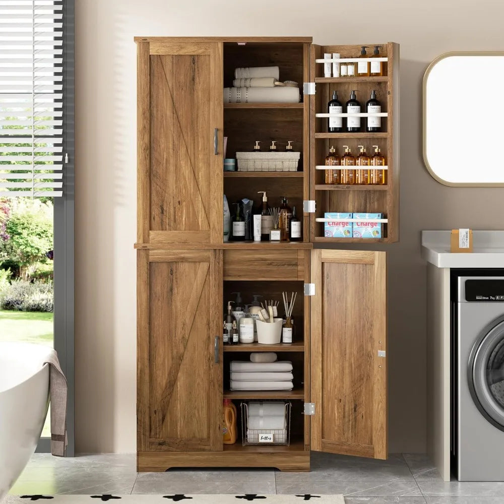 Kitchen Pantry Cabinet, Freestanding Farmhouse Storage Cabinet with 8 Door Shelves, 2 Cabinets and 1 Drawer