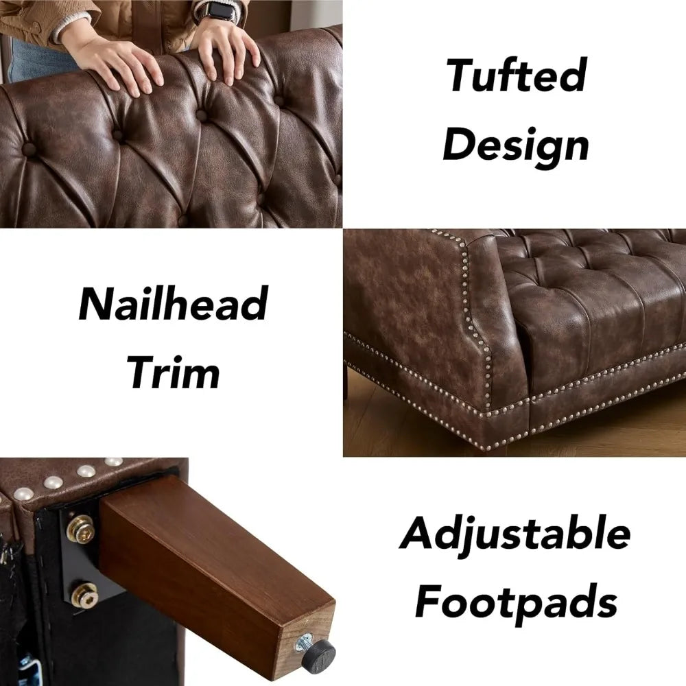 Mid Century Modern 74.5" Faux Leather Sofa, 3 Seater Tufted Upholstered Couch with High Back & Nailhead Trim, Chesterfield Sofa
