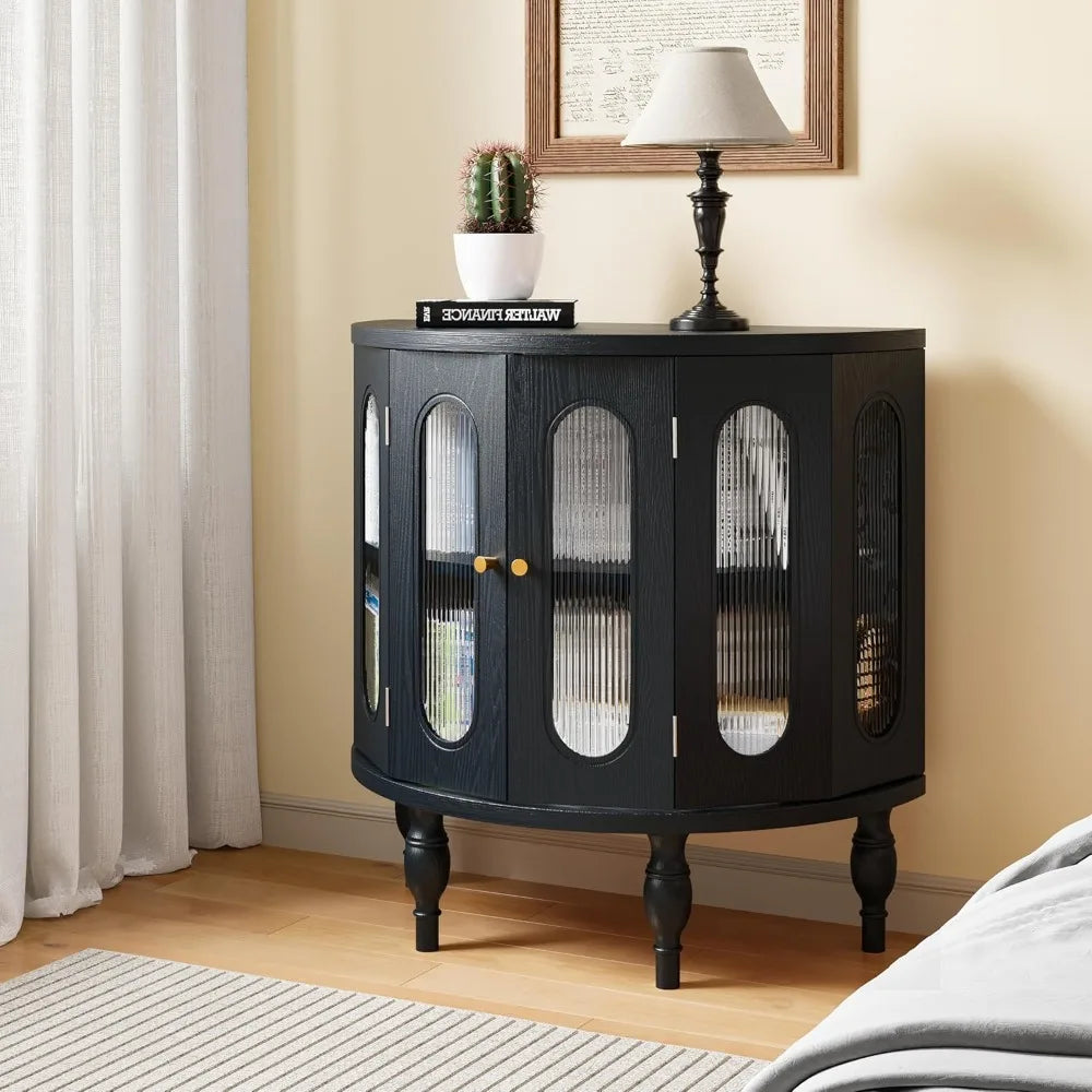 31 Inch Sideboard Buffer Cabinet with Storage, Semi-Circular Modern Storage Cabinet, Wood Finish and Acrylic Door