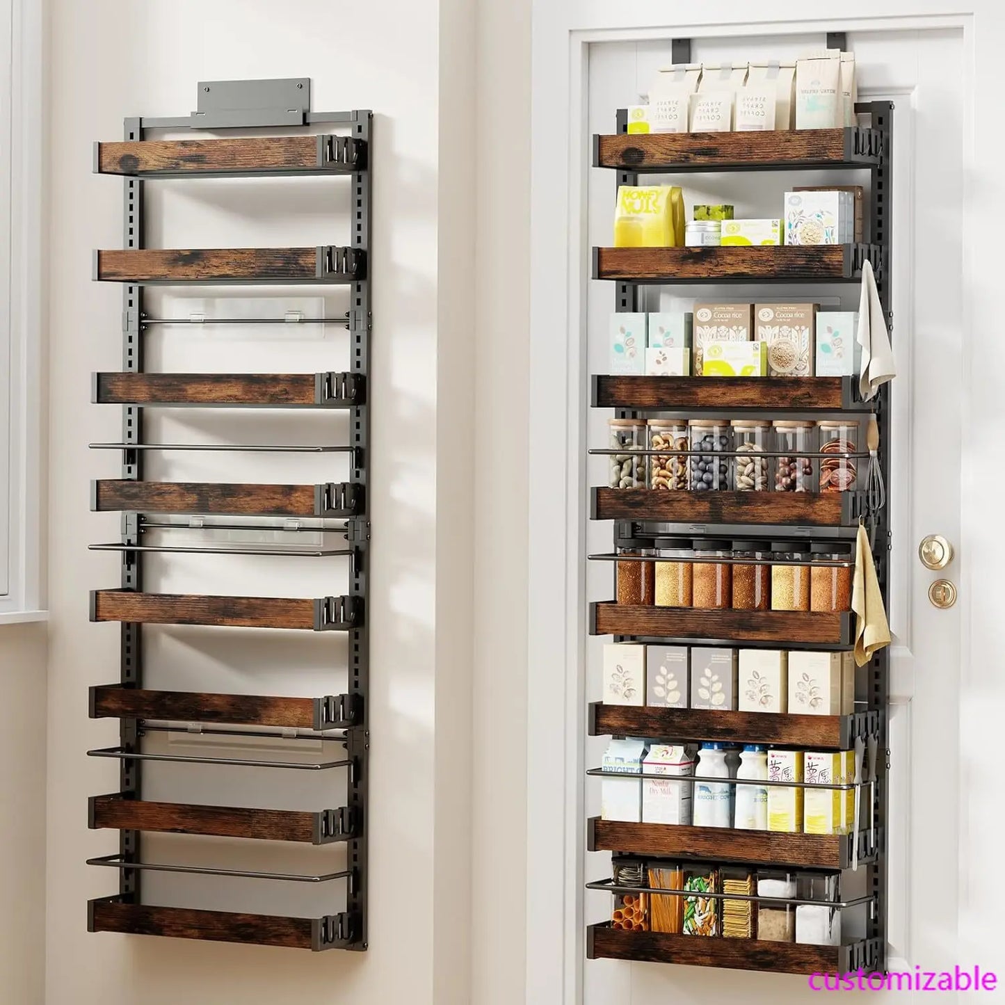 8 Tier Over The Door Pantry Organizer, 2 IN 1 Wall Mount or Metal Hanging Spice Rack for Pantry Organizers and Storage