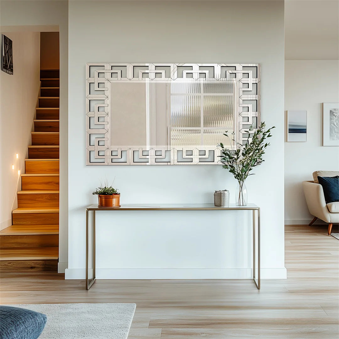 LUVODI 48" Silver Wall Decorative Mirror Polished Hollow-out Accent Mirrors for Hallway, Living Room, Fireplace