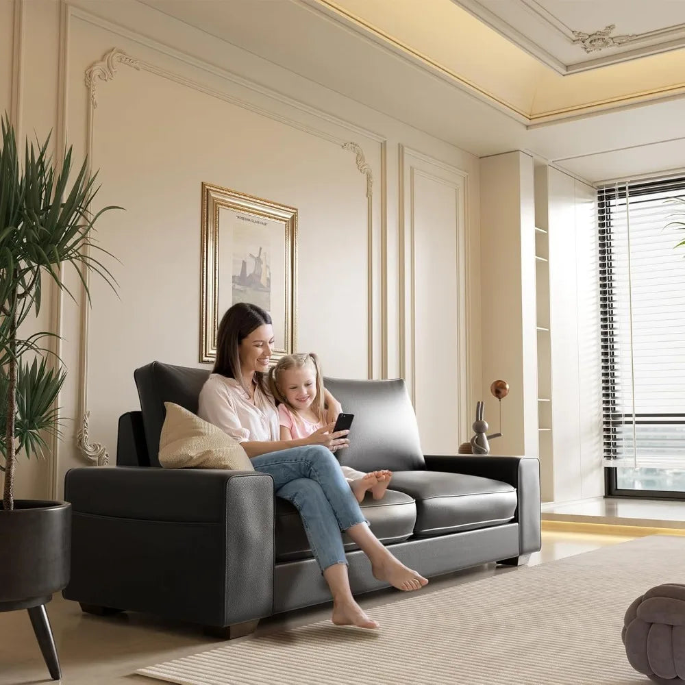 Faux Leather Couch, Mid Century Modern Comfy Loveseat Sofa with Wide Arm, Side Pockets, Solid Wooden Frame for Office